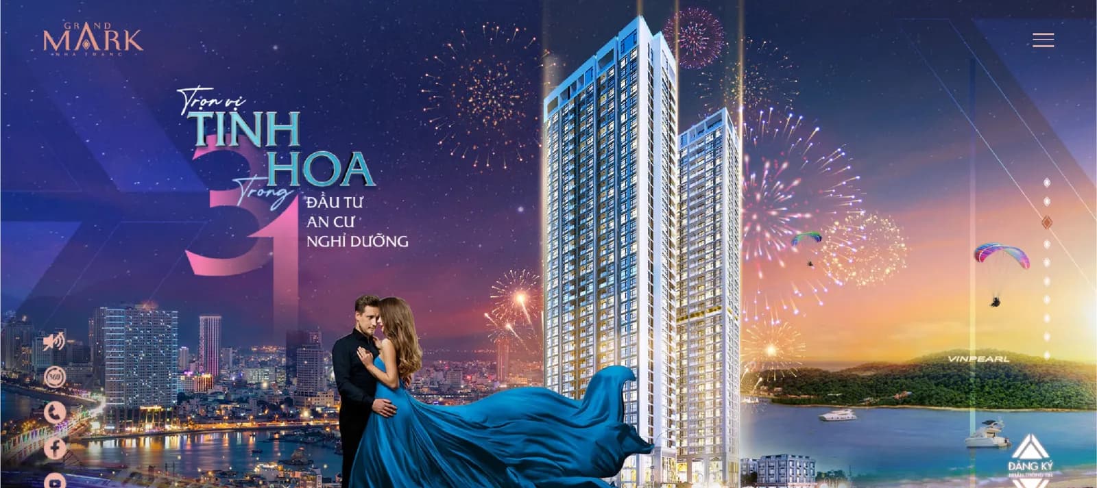 Hình ảnh chủ đạo website GrandMark Nha Trang: toà tháp và pháo hoa trên vịnh