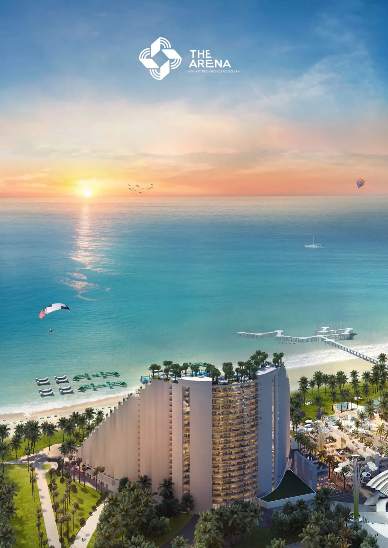 Phối cảnh The Arena Cam Ranh bên bờ biển lúc hoàng hôn