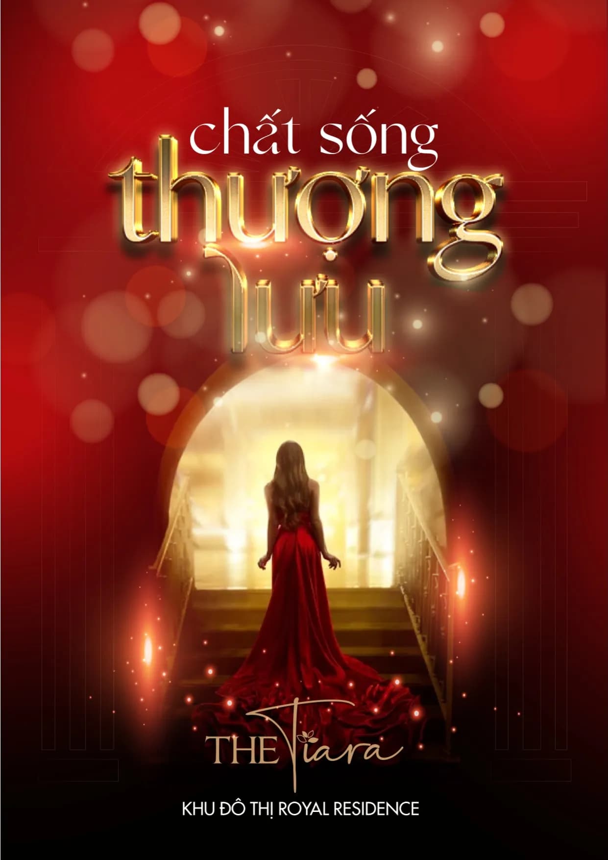 Key visual The Tiara tông đỏ vàng với dòng chữ “chất sống thượng lưu”